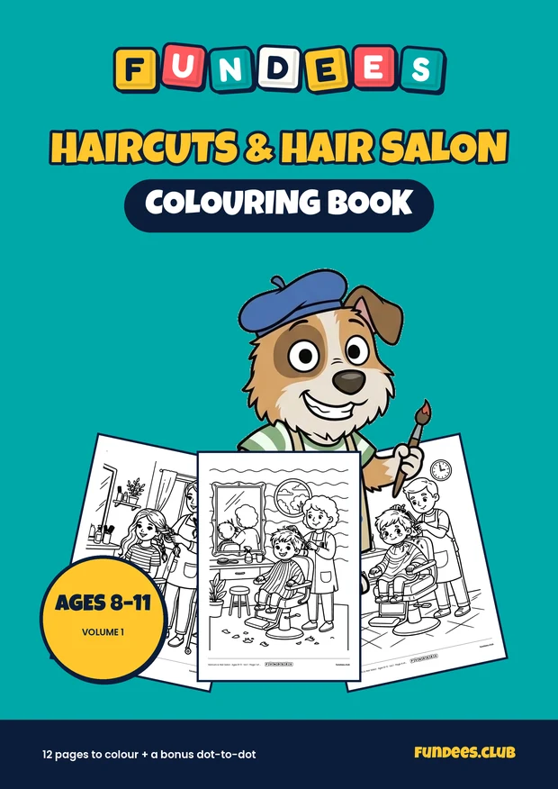 Haircuts & Hair Salon coloring book cover, Ages 8–11, volume 1