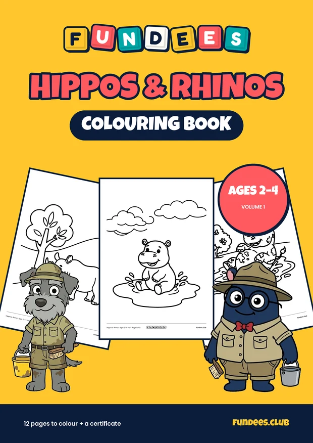 Hippos & Rhinos coloring book cover, Ages 2–4, volume 1