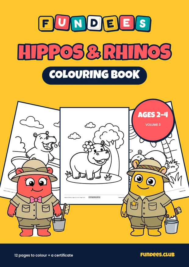 Hippos & Rhinos coloring book cover, Ages 2–4, volume 3