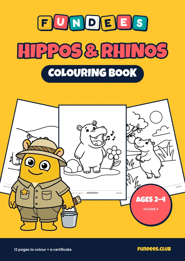 Hippos & Rhinos coloring book cover, Ages 2–4, volume 4