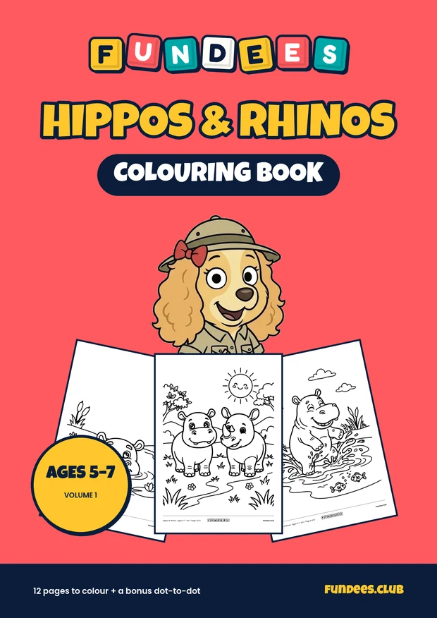 Hippos & Rhinos coloring book cover, Ages 5–7, volume 1