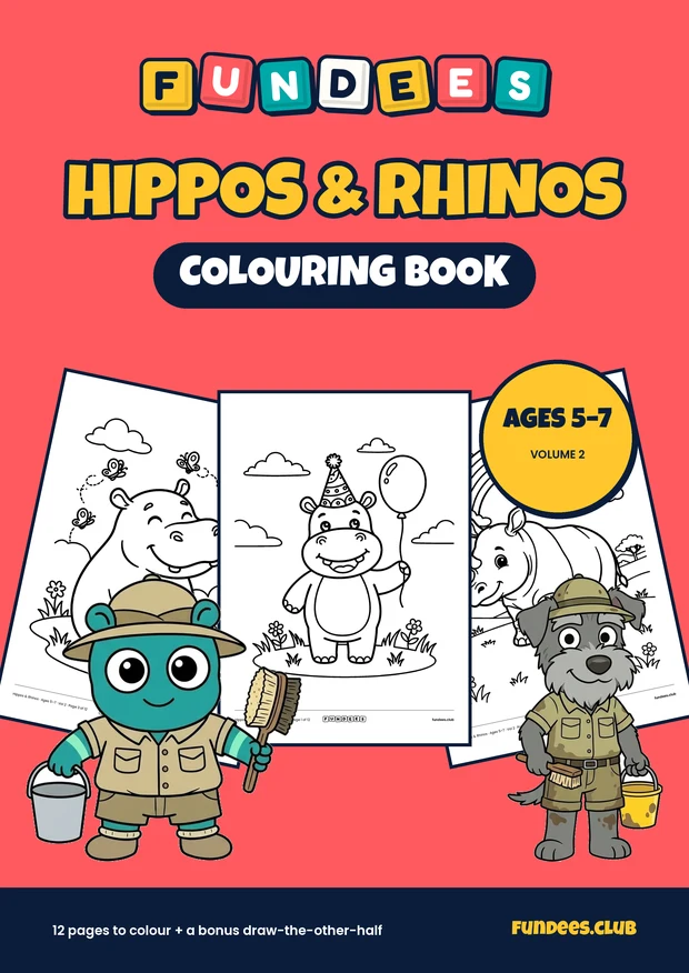 Hippos & Rhinos coloring book cover, Ages 5–7, volume 2