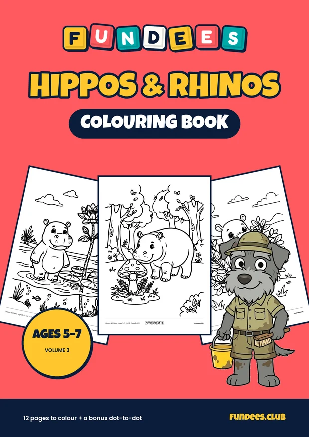 Hippos & Rhinos coloring book cover, Ages 5–7, volume 3