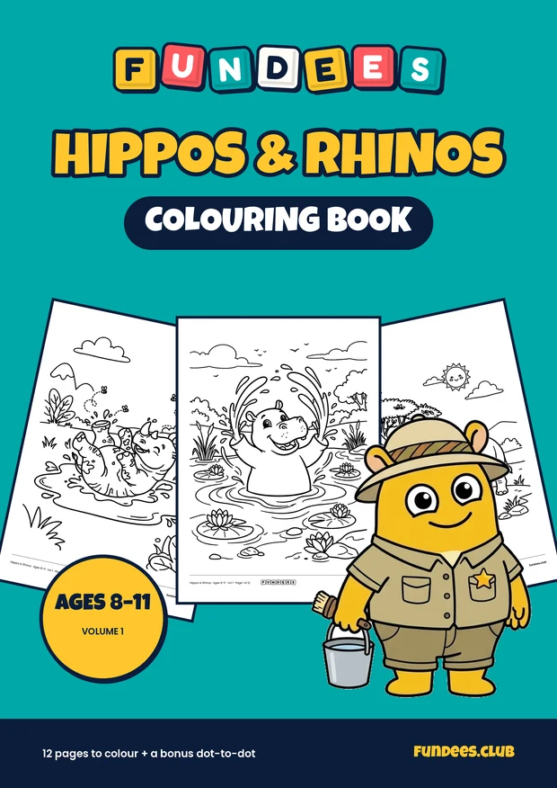Hippos & Rhinos coloring book cover, Ages 8–11, volume 1