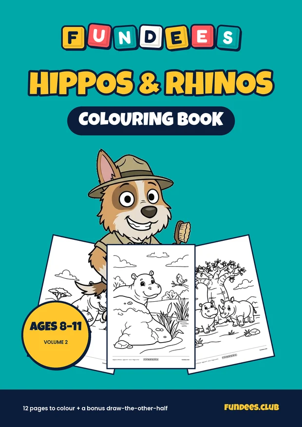 Hippos & Rhinos coloring book cover, Ages 8–11, volume 2