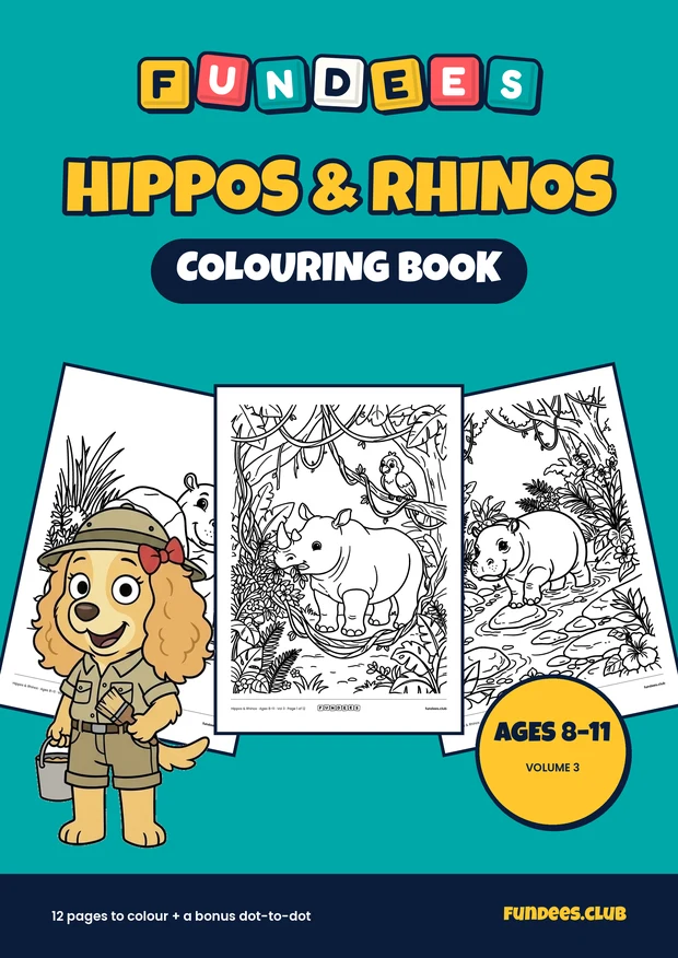 Hippos & Rhinos coloring book cover, Ages 8–11, volume 3