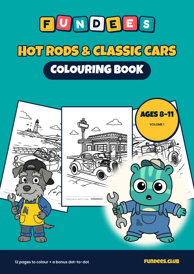 Hot Rods & Classic Cars coloring book cover, Ages 8–11, volume 1