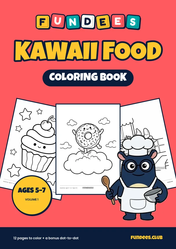 Kawaii Food coloring book cover, Ages 5–7, volume 1