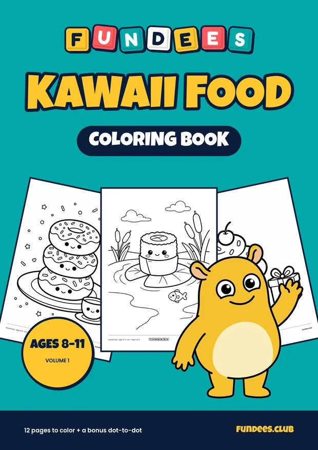 Kawaii Food coloring book cover, Ages 8–11, volume 1