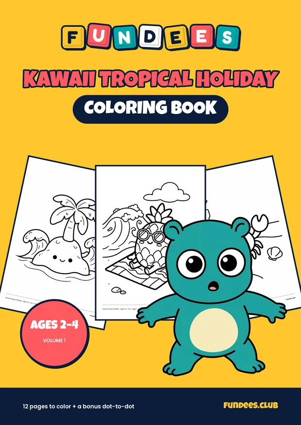 Kawaii Tropical Holiday coloring book cover, Ages 2–4, volume 1