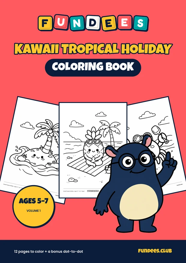 Kawaii Tropical Holiday coloring book cover, Ages 5–7, volume 1