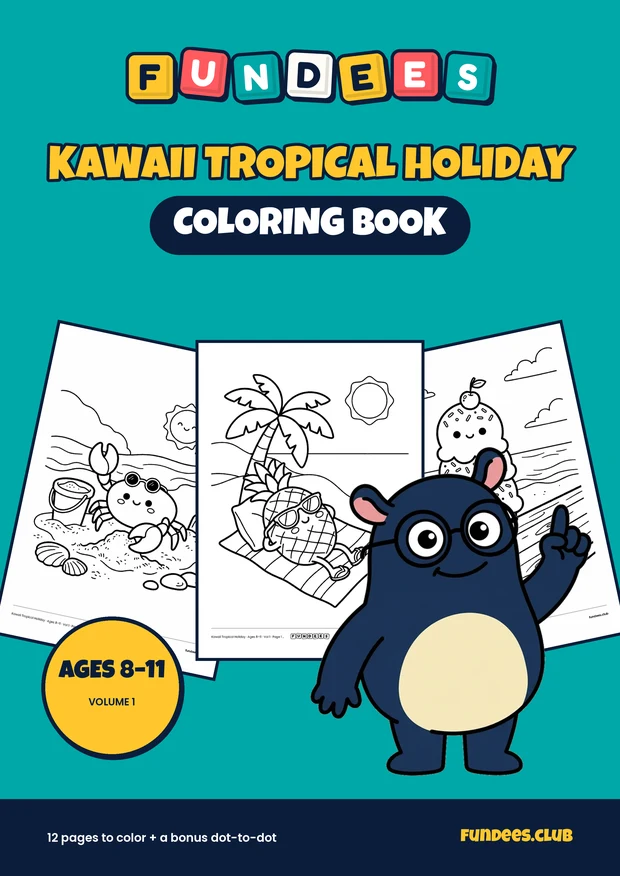 Kawaii Tropical Holiday coloring book cover, Ages 8–11, volume 1