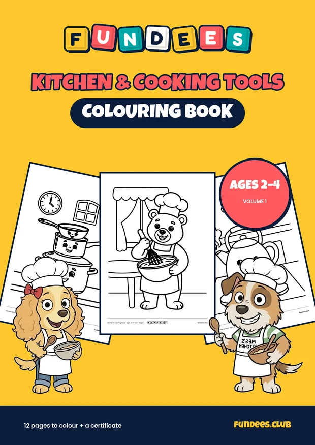 Kitchen & Cooking Tools coloring book cover, Ages 2–4, volume 1