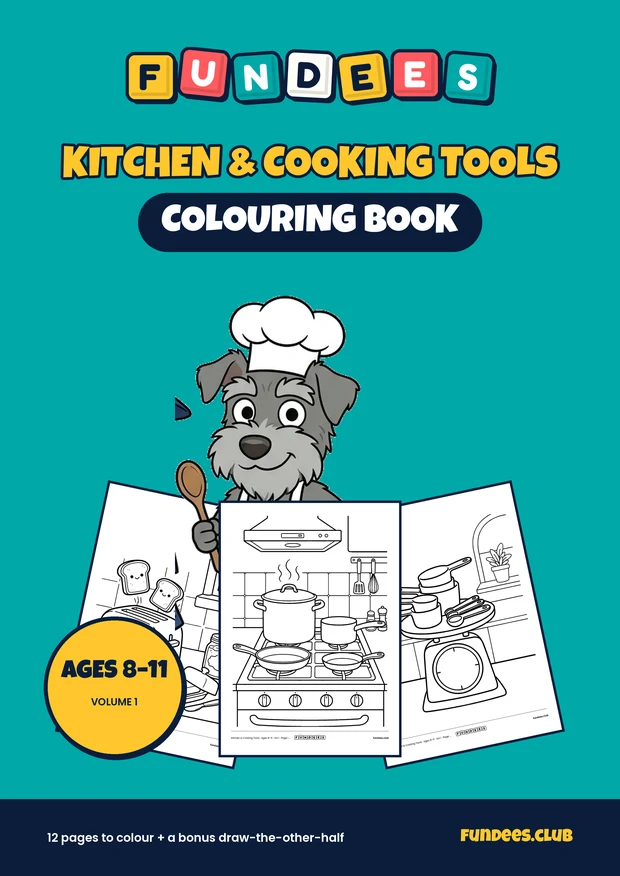 Kitchen & Cooking Tools coloring book cover, Ages 8–11, volume 1