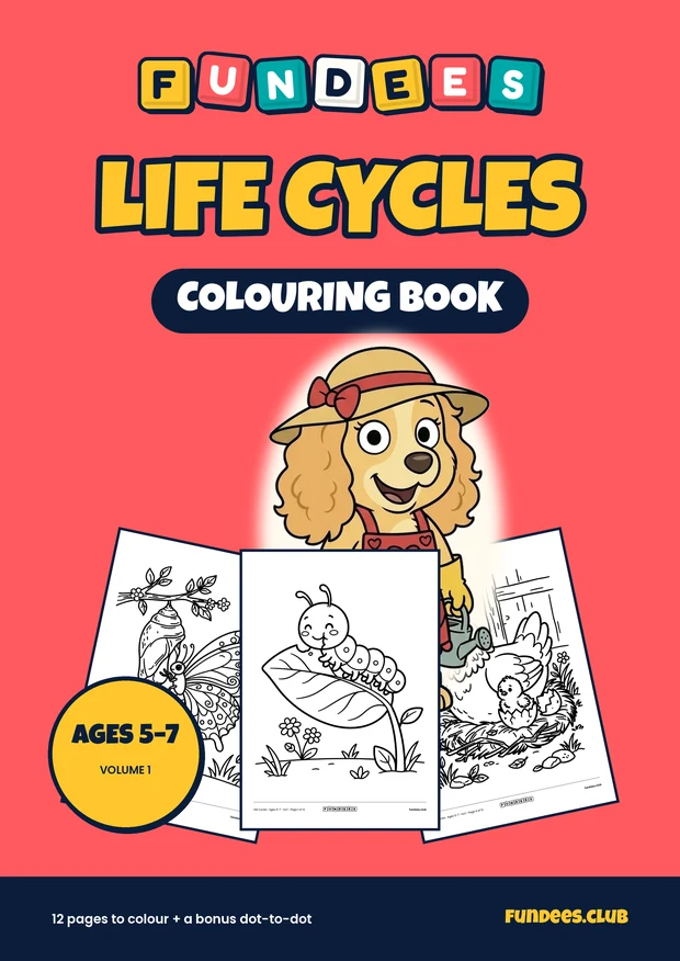 Life Cycles coloring book cover, Ages 5–7, volume 1