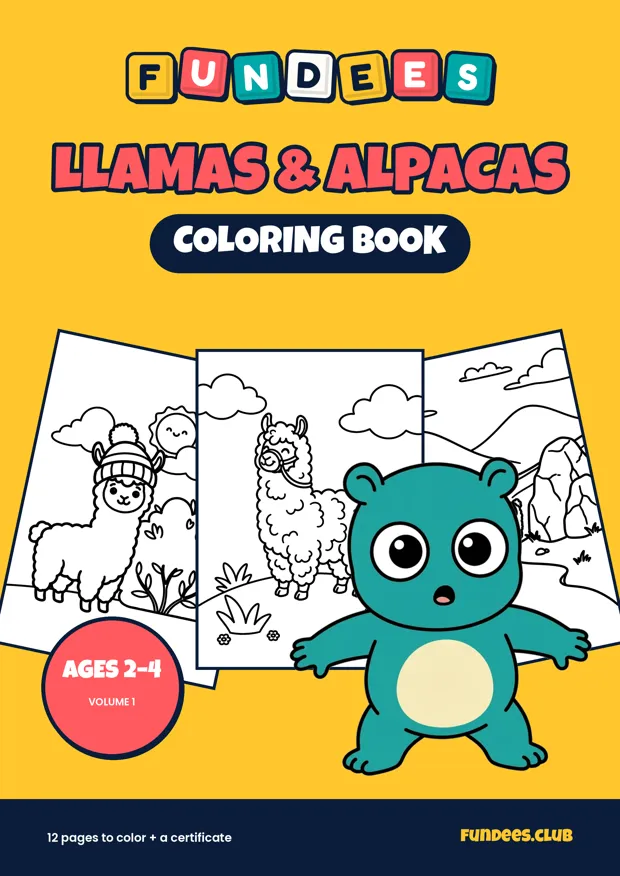 Llamas & Alpacas coloring book cover, Ages 2–4, volume 1