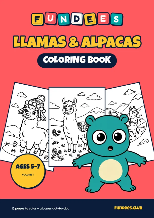 Llamas & Alpacas coloring book cover, Ages 5–7, volume 1