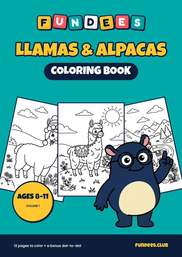 Llamas & Alpacas coloring book cover, Ages 8–11, volume 1
