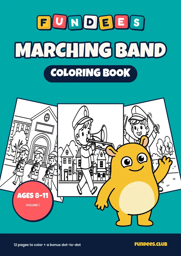 Marching Band coloring book cover, Ages 8–11, volume 1