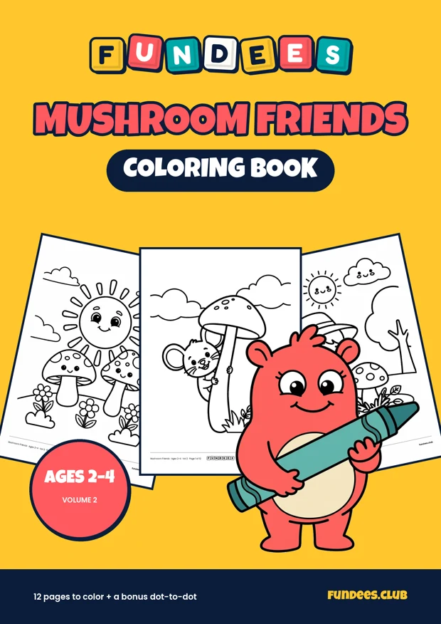 Mushroom Friends coloring book cover, Ages 2–4, volume 2