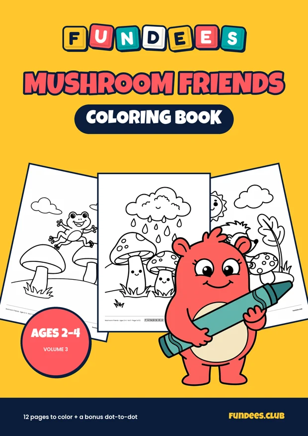 Mushroom Friends coloring book cover, Ages 2–4, volume 3
