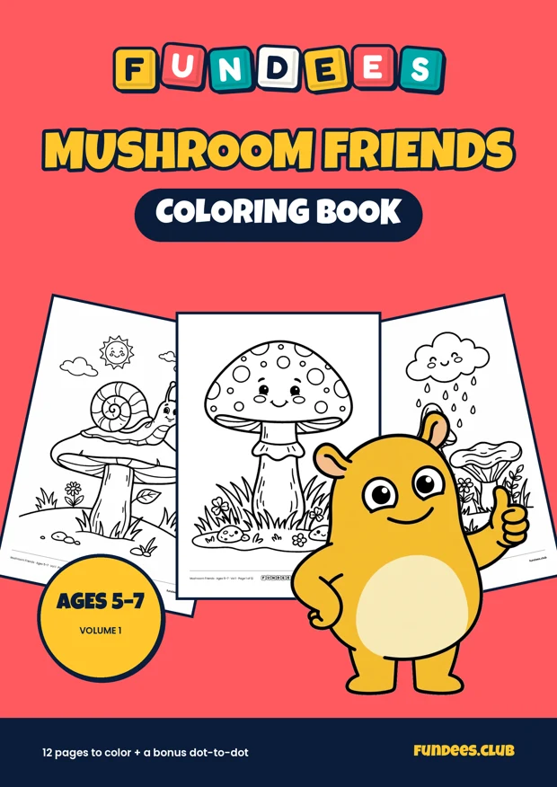 Mushroom Friends coloring book cover, Ages 5–7, volume 1