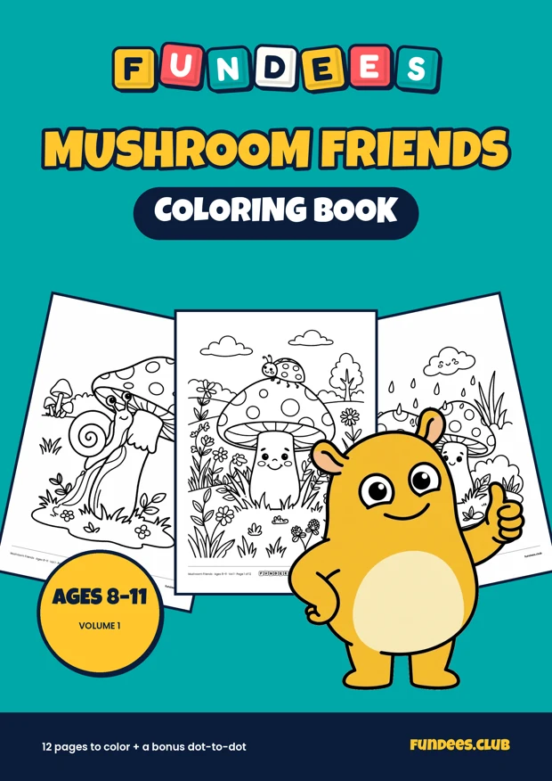Mushroom Friends coloring book cover, Ages 8–11, volume 1