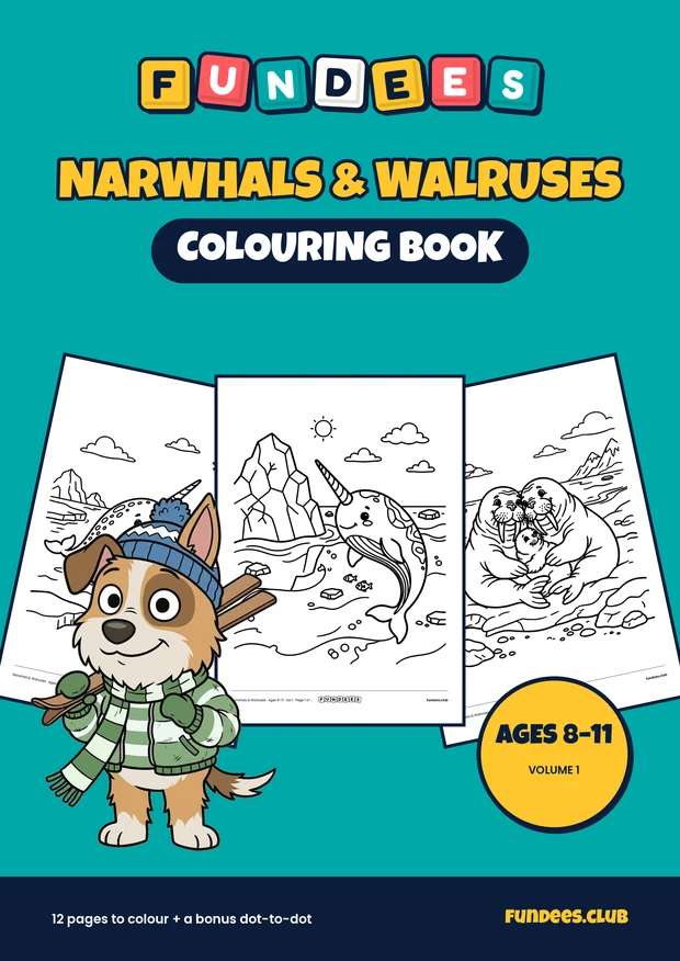 Narwhals & Walruses coloring book cover, Ages 8–11, volume 1