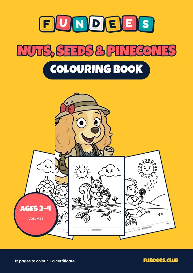 Nuts, Seeds & Pinecones coloring book cover, Ages 2–4, volume 1