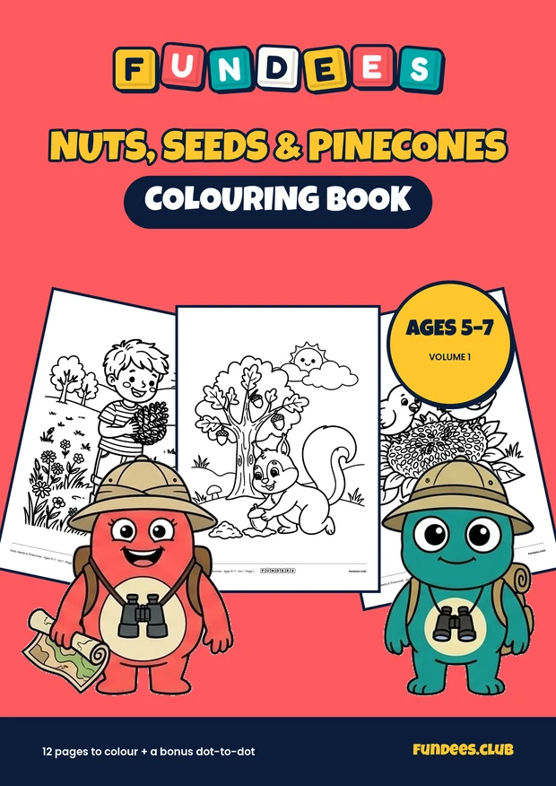 Nuts, Seeds & Pinecones coloring book cover, Ages 5–7, volume 1