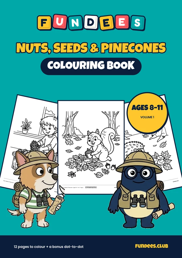 Nuts, Seeds & Pinecones coloring book cover, Ages 8–11, volume 1