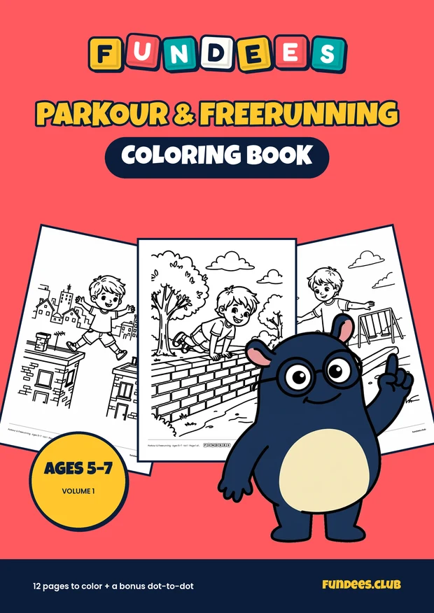 Parkour & Freerunning coloring book cover, Ages 5–7, volume 1