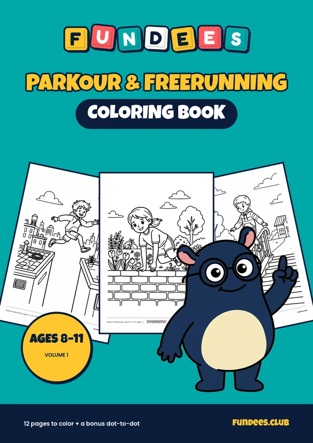 Parkour & Freerunning coloring book cover, Ages 8–11, volume 1