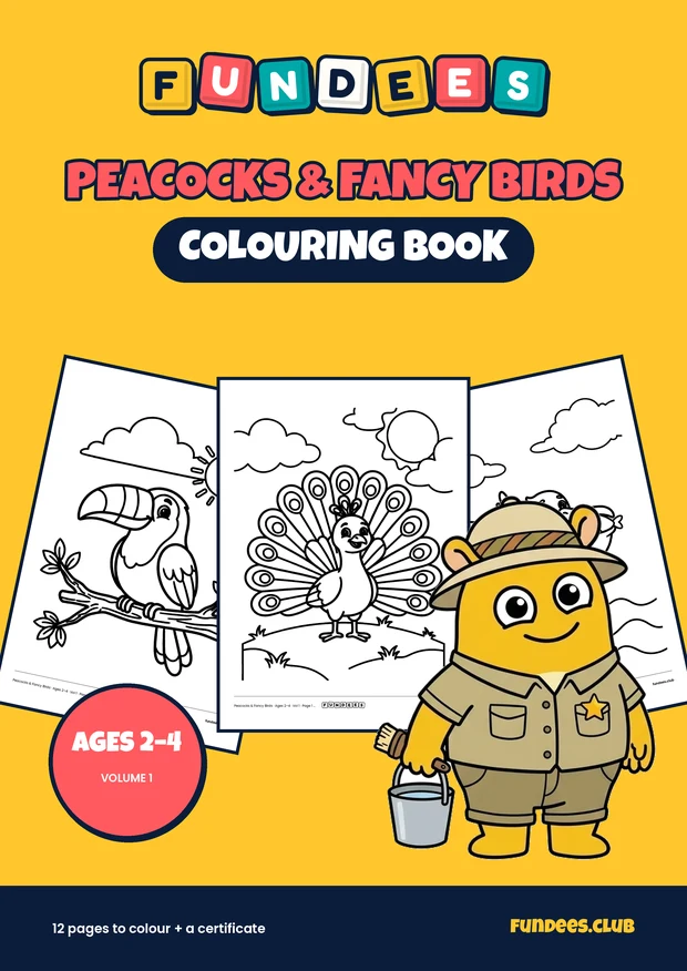 Peacocks & Fancy Birds coloring book cover, Ages 2–4, volume 1