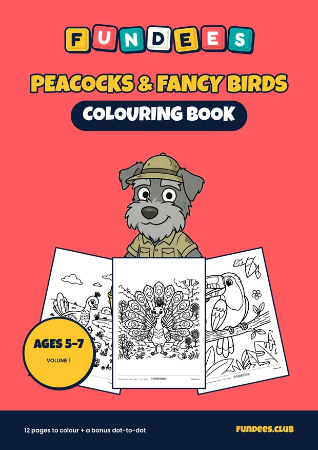 Peacocks & Fancy Birds coloring book cover, Ages 5–7, volume 1