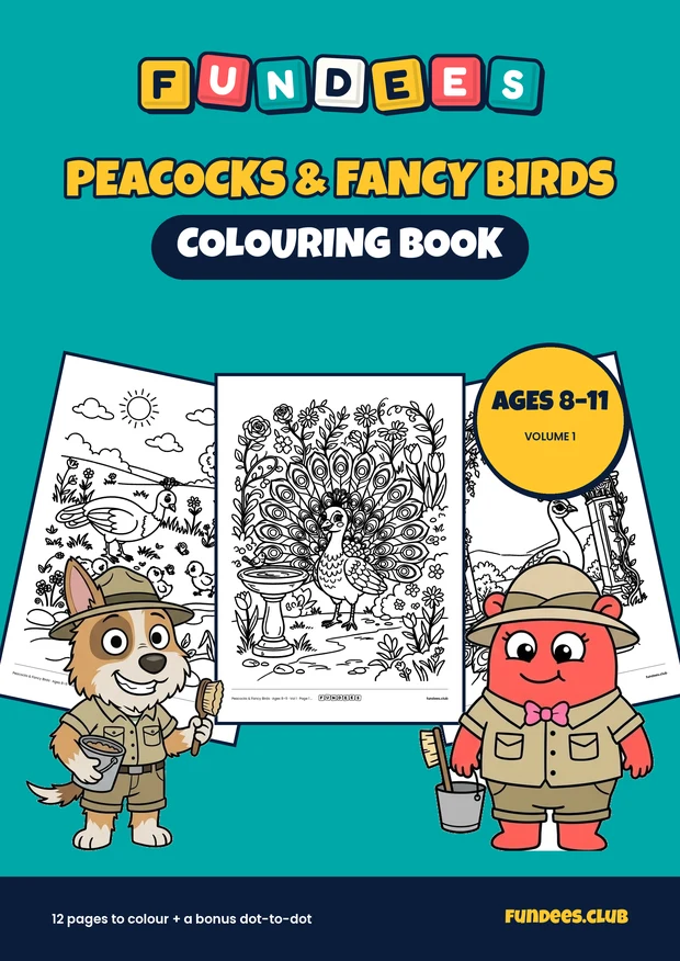 Peacocks & Fancy Birds coloring book cover, Ages 8–11, volume 1