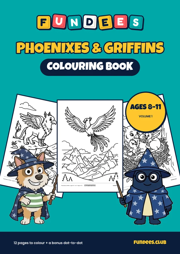 Phoenixes & Griffins coloring book cover, Ages 8–11, volume 1