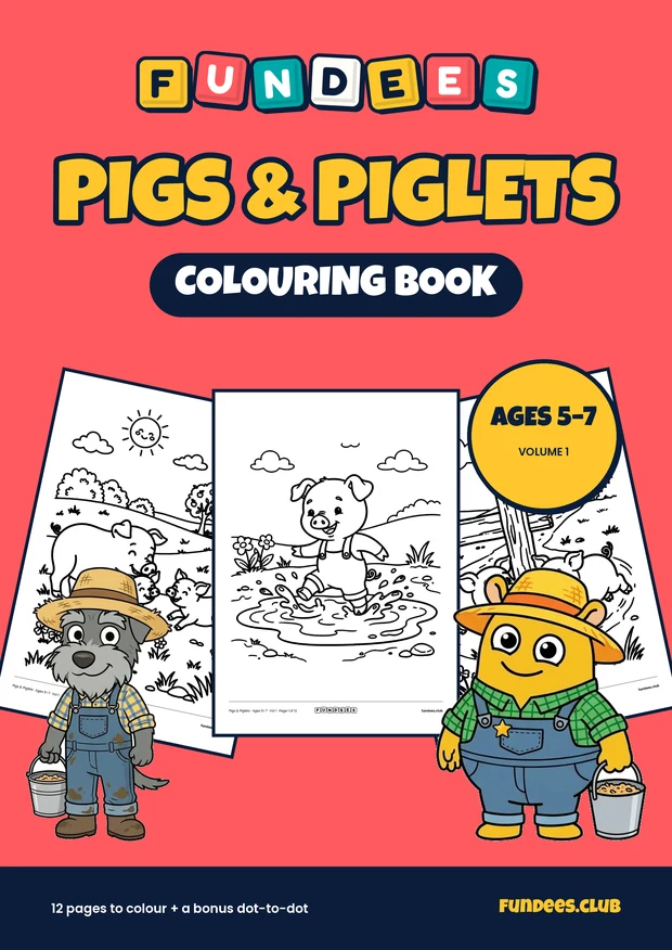 Pigs & Piglets coloring book cover, Ages 5–7, volume 1