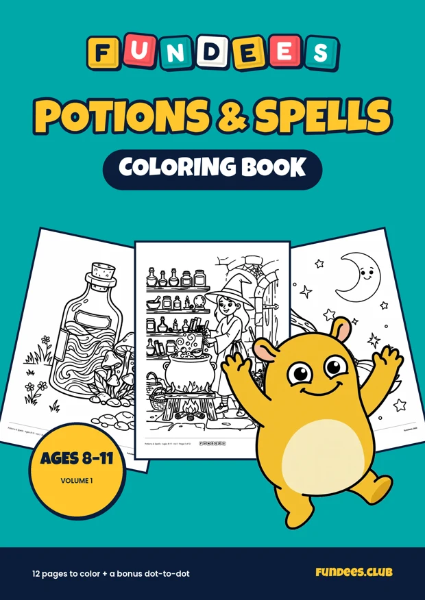 Potions & Spells coloring book cover, Ages 8–11, volume 1