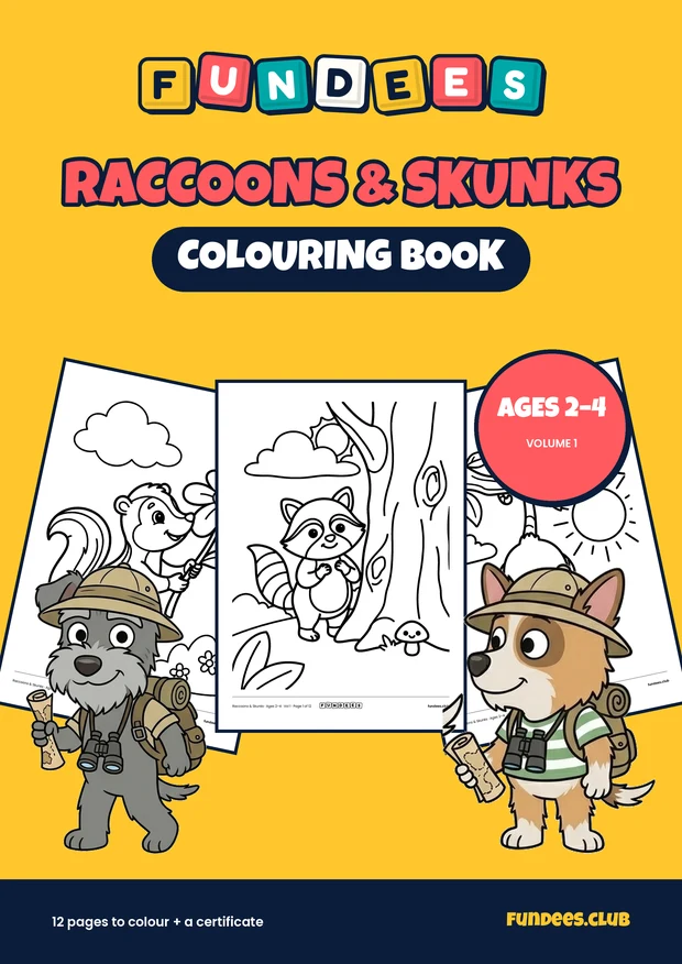 Raccoons & Skunks coloring book cover, Ages 2–4, volume 1