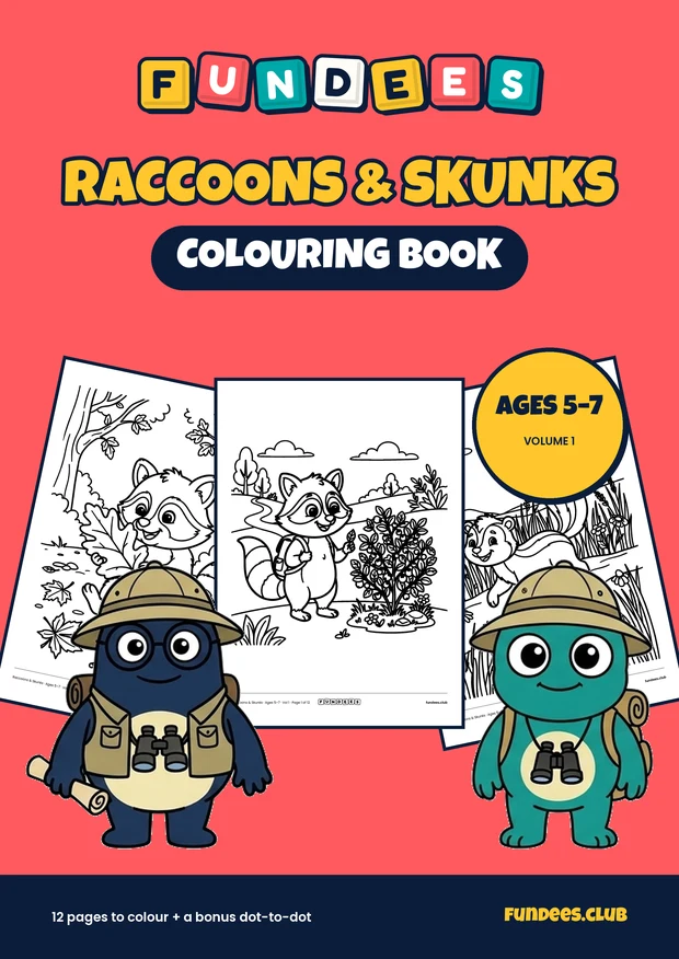 Raccoons & Skunks coloring book cover, Ages 5–7, volume 1