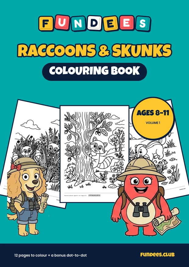 Raccoons & Skunks coloring book cover, Ages 8–11, volume 1