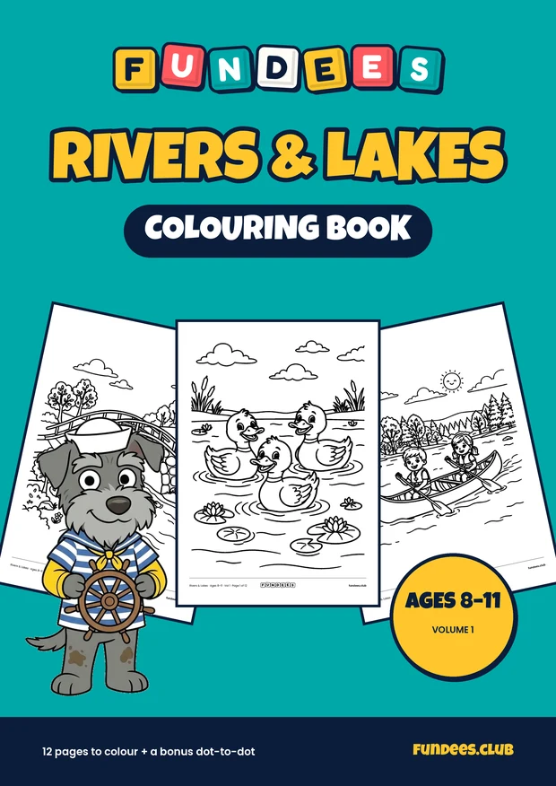 Rivers & Lakes coloring book cover, Ages 8–11, volume 1