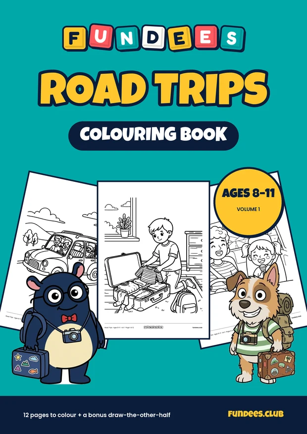 Road Trips coloring book cover, Ages 8–11, volume 1