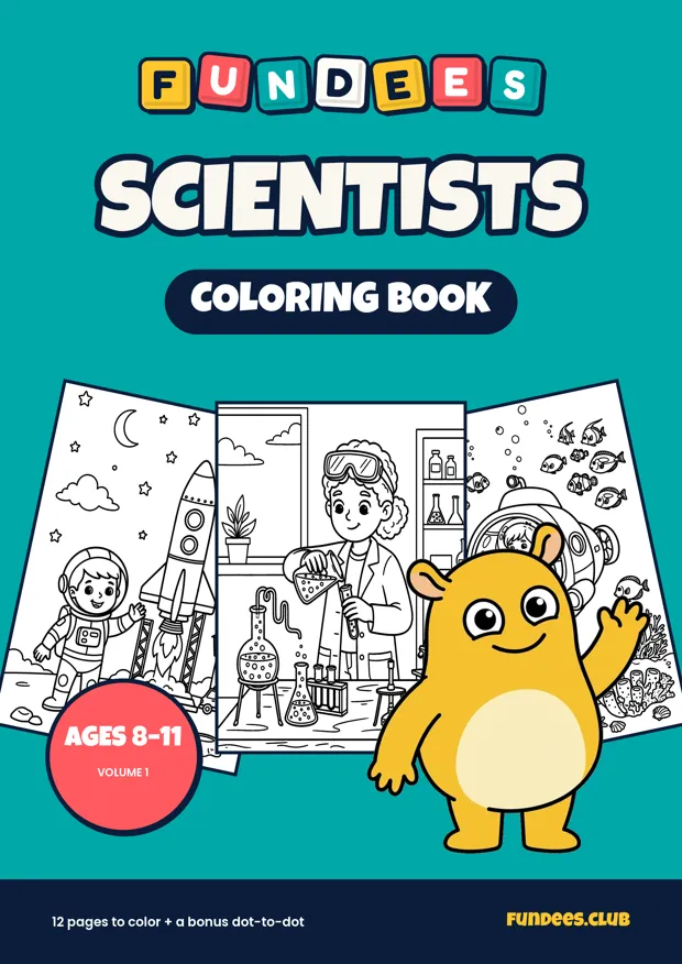 Scientists coloring book cover, Ages 8–11, volume 1