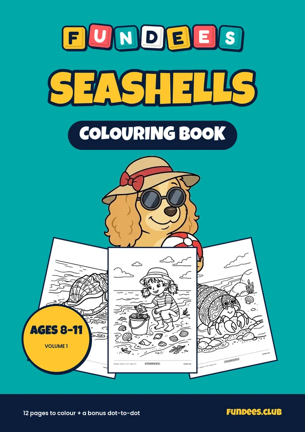 Seashells coloring book cover, Ages 8–11, volume 1
