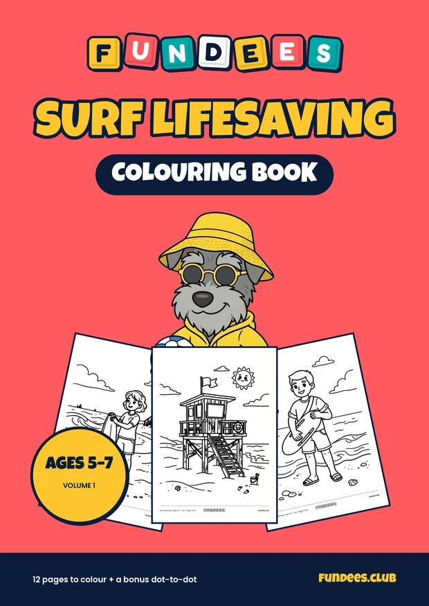 Surf Lifesaving coloring book cover, Ages 5–7, volume 1