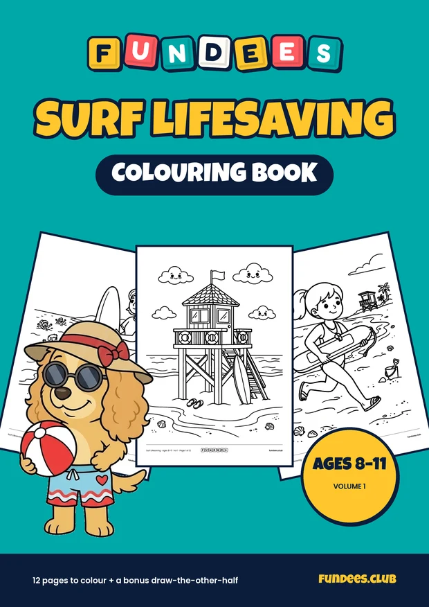 Surf Lifesaving coloring book cover, Ages 8–11, volume 1