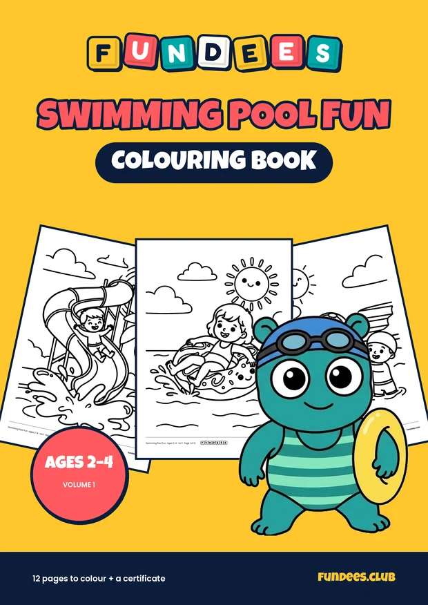 Swimming Pool Fun coloring book cover, Ages 2–4, volume 1