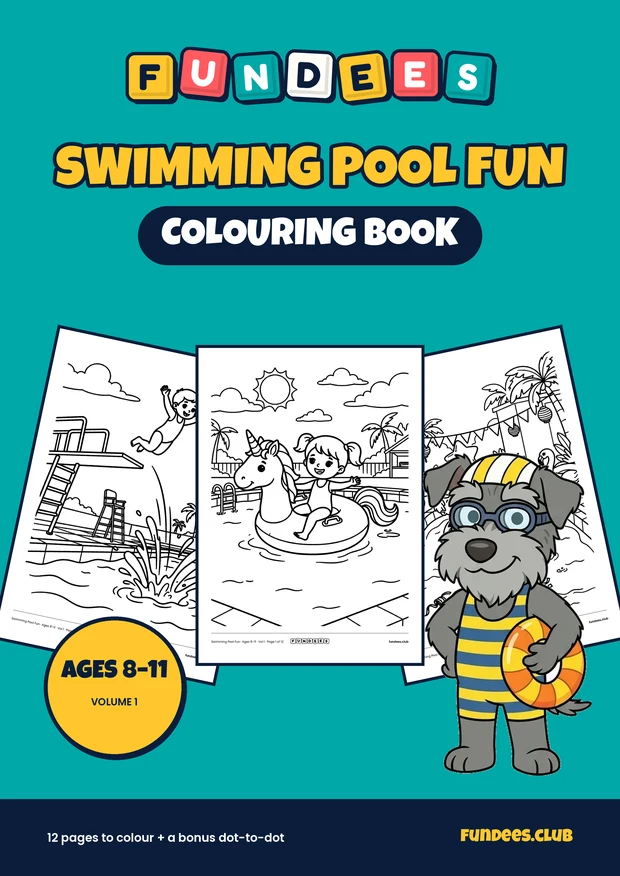 Swimming Pool Fun coloring book cover, Ages 8–11, volume 1